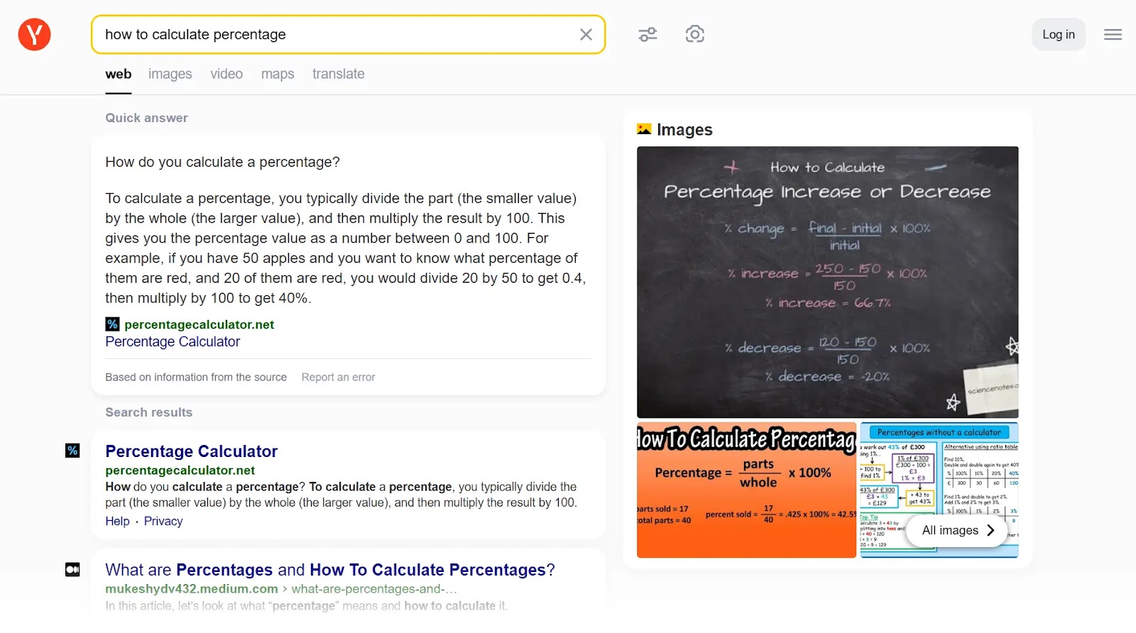 Yandex SERP for "how to calculate percentage"