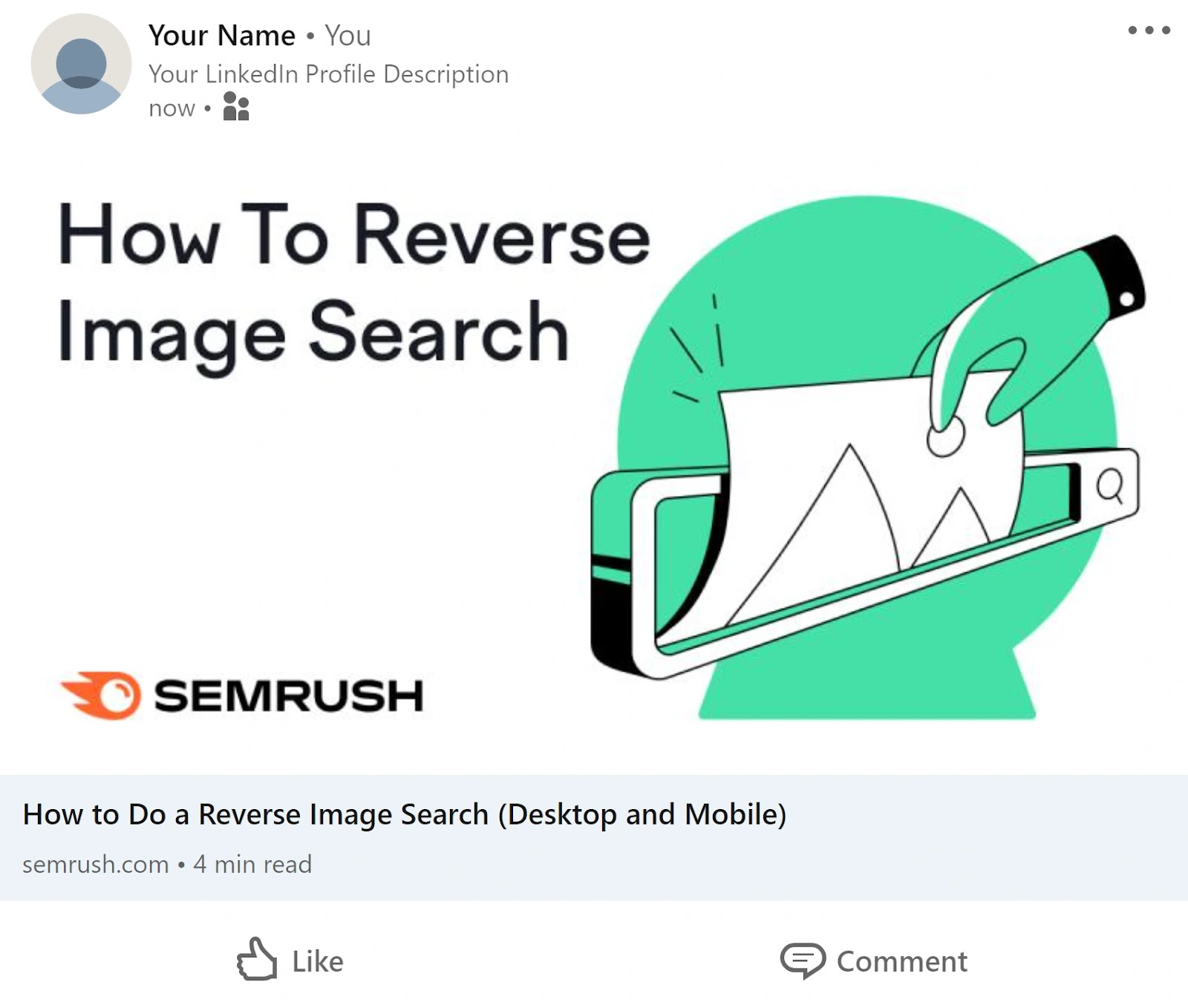 Semrush's article on "How To Reverse Image Search" appearing on LinkedIn
