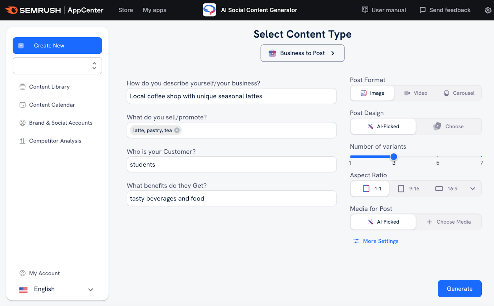 details for AI content generation has fields for how to describe your business, what do you sell, your customer, and customer benefits.