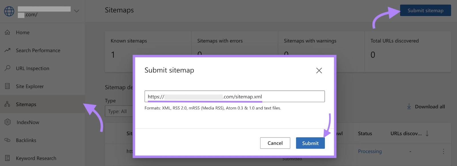 navigation to the "Submit sitemap" window on Bing Webmaster Tools with a sitemap URL entered and "Submit" clicked