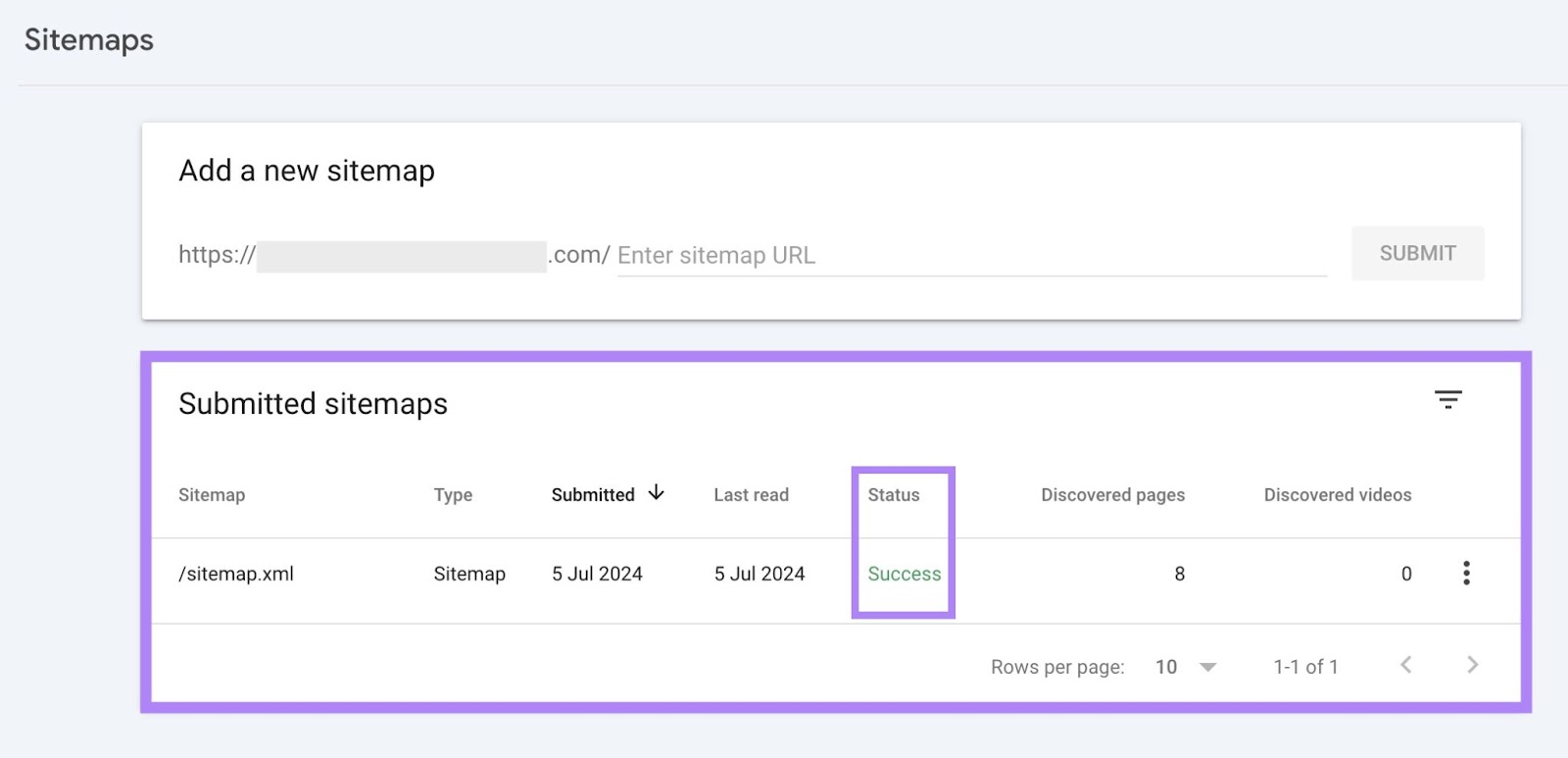 "Submitted sitemaps" on Google Search Console with "Success" under the "Status" column highlighted