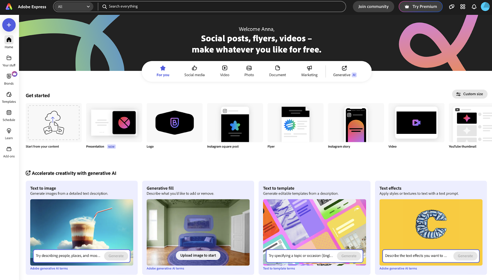 Adobe Express interface showing tools for creating social media posts, flyers, videos, and more using generative AI features