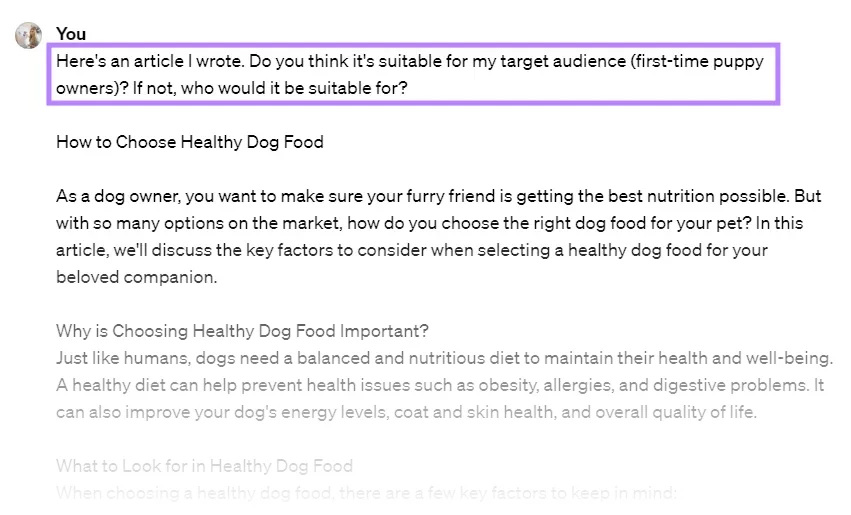 Pasting 'How to Choose Healthy  Food' article into ChatGPT to assess for audience suitability
