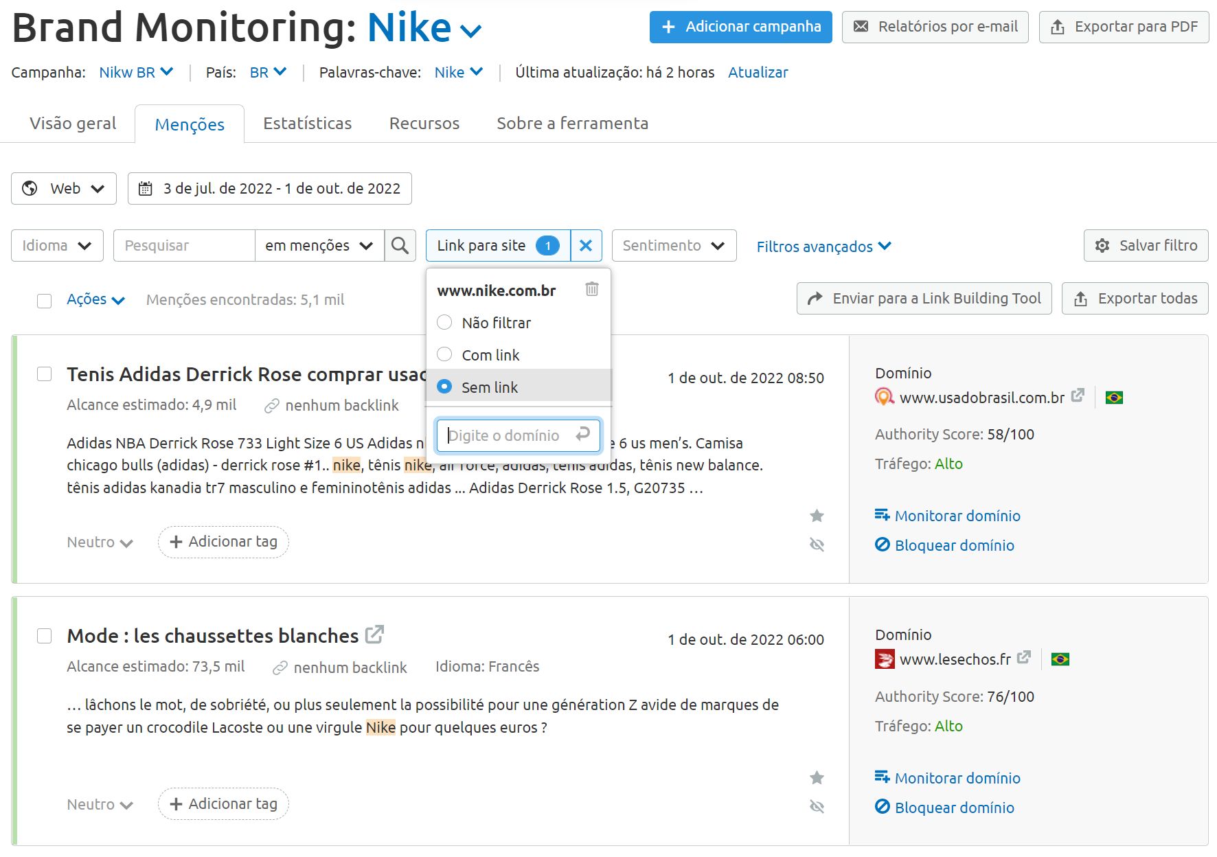 12 técnicas de SEO para aumentar o tráfego orgânico do seu site 15 técnicas de seo - exemplo menções sem link na ferramenta brand monitoring
