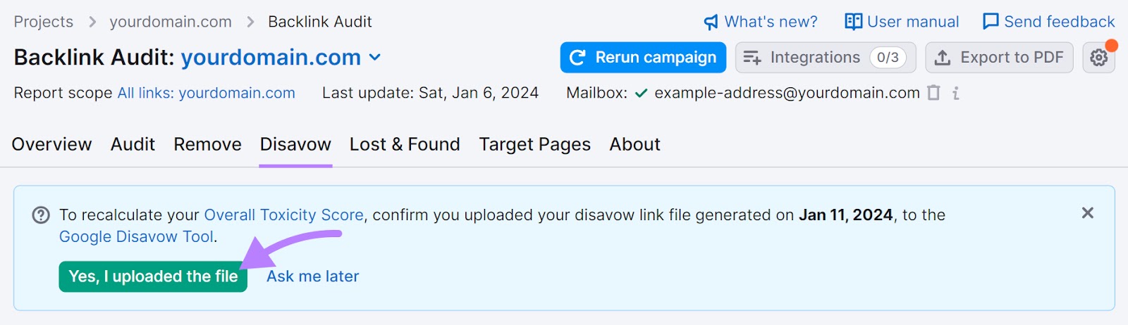 “Yes, I uploaded the file" button highlighted in Backlink Audit tool