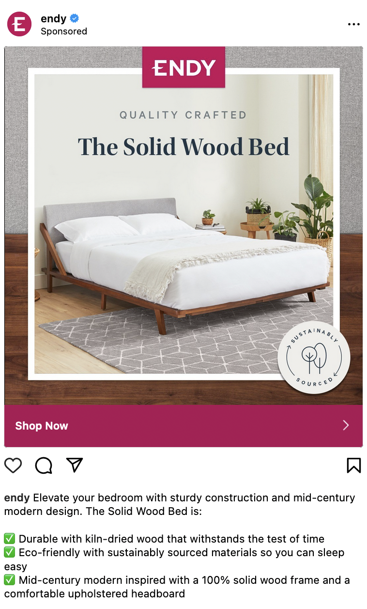 Instagram ad on wooden bed from "Endy"