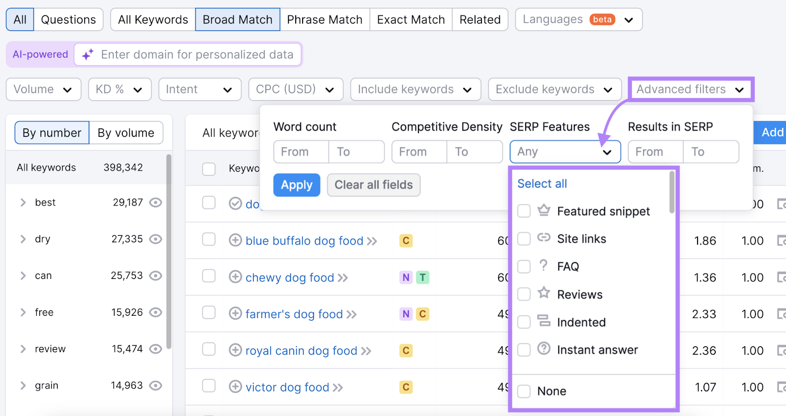 advanced filters to serp features allows you to filter keywords by triggered serp features