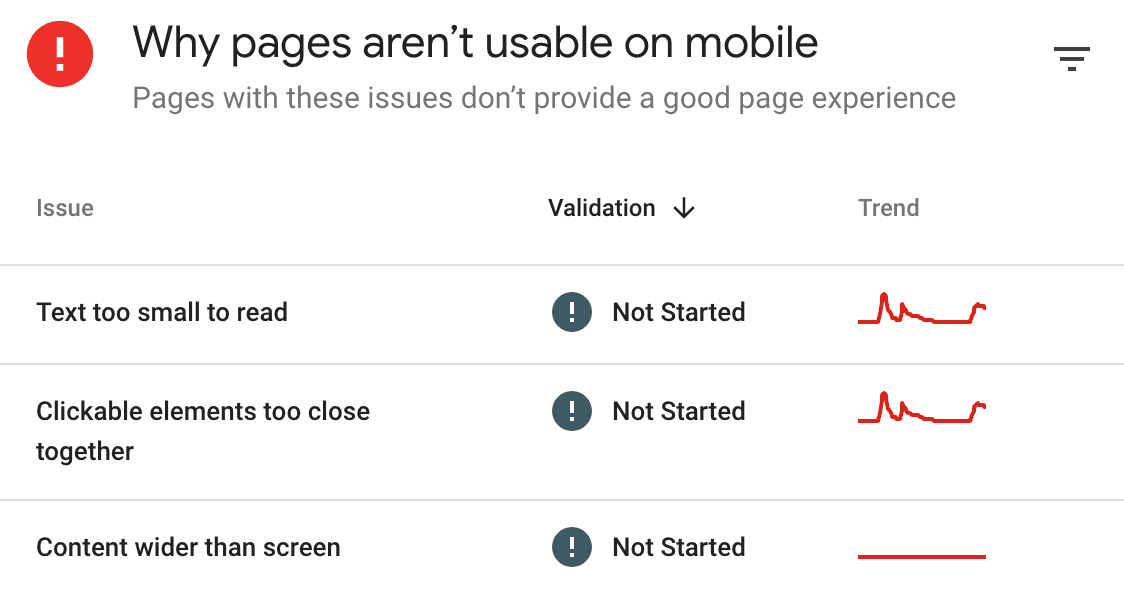 "Why pages aren't usable on mobile" section of the report