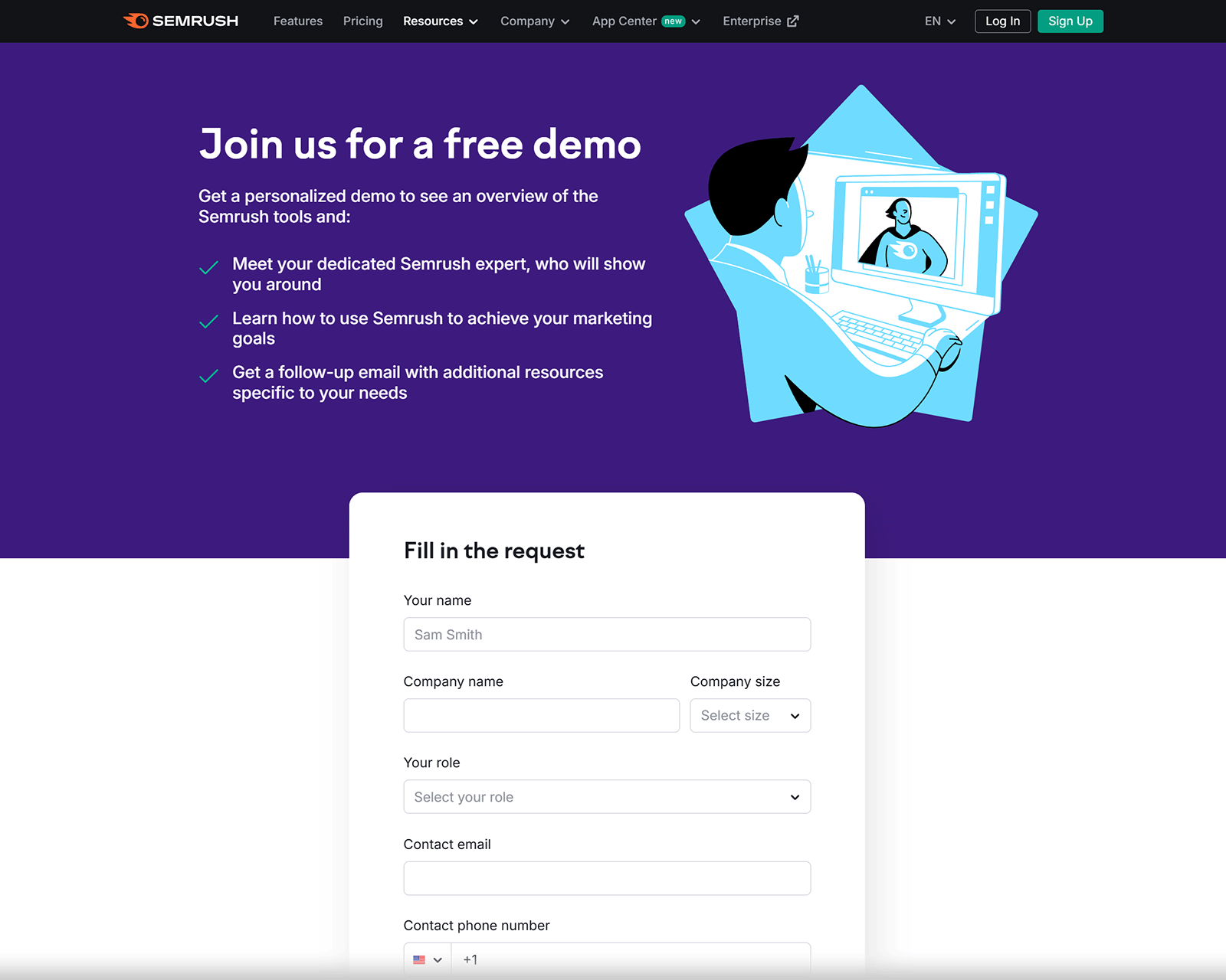 Semrush landing page offering a free demo with form fields and a list of benefits like expert guidance and tailored resources
