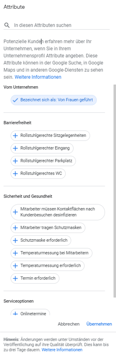 Übersicht der Attribute im GMB Eintrag einer Marketing-Agentu