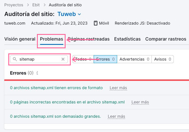 Problemas de sitemap en Semrush