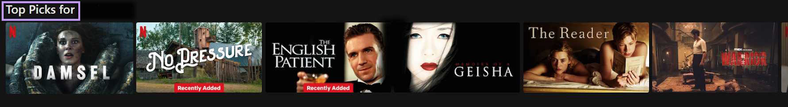 Netflix dashboard showing personalized suggestions for movies and series.