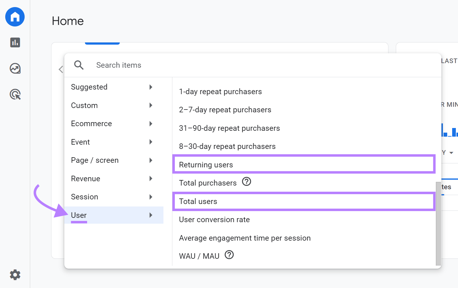 "Returning users", and "Total users" selected from "User" drop-down menu in GA4