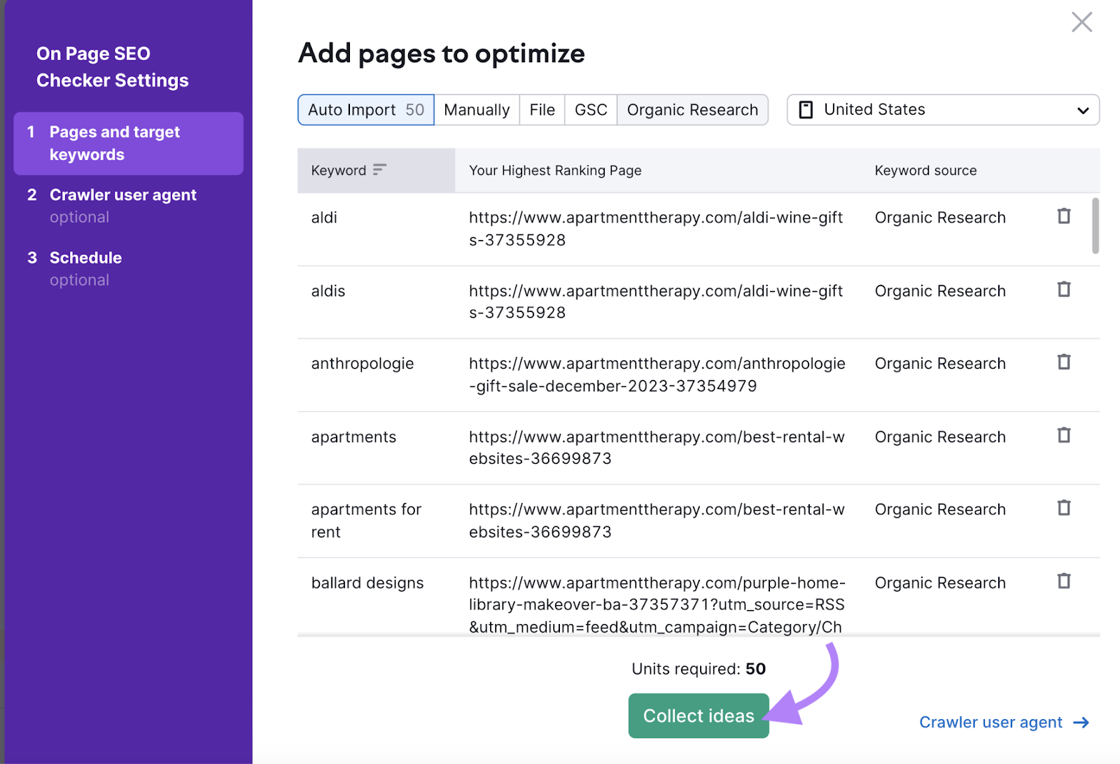 "Add pages to optimize" window in On Page SEO Checker settings