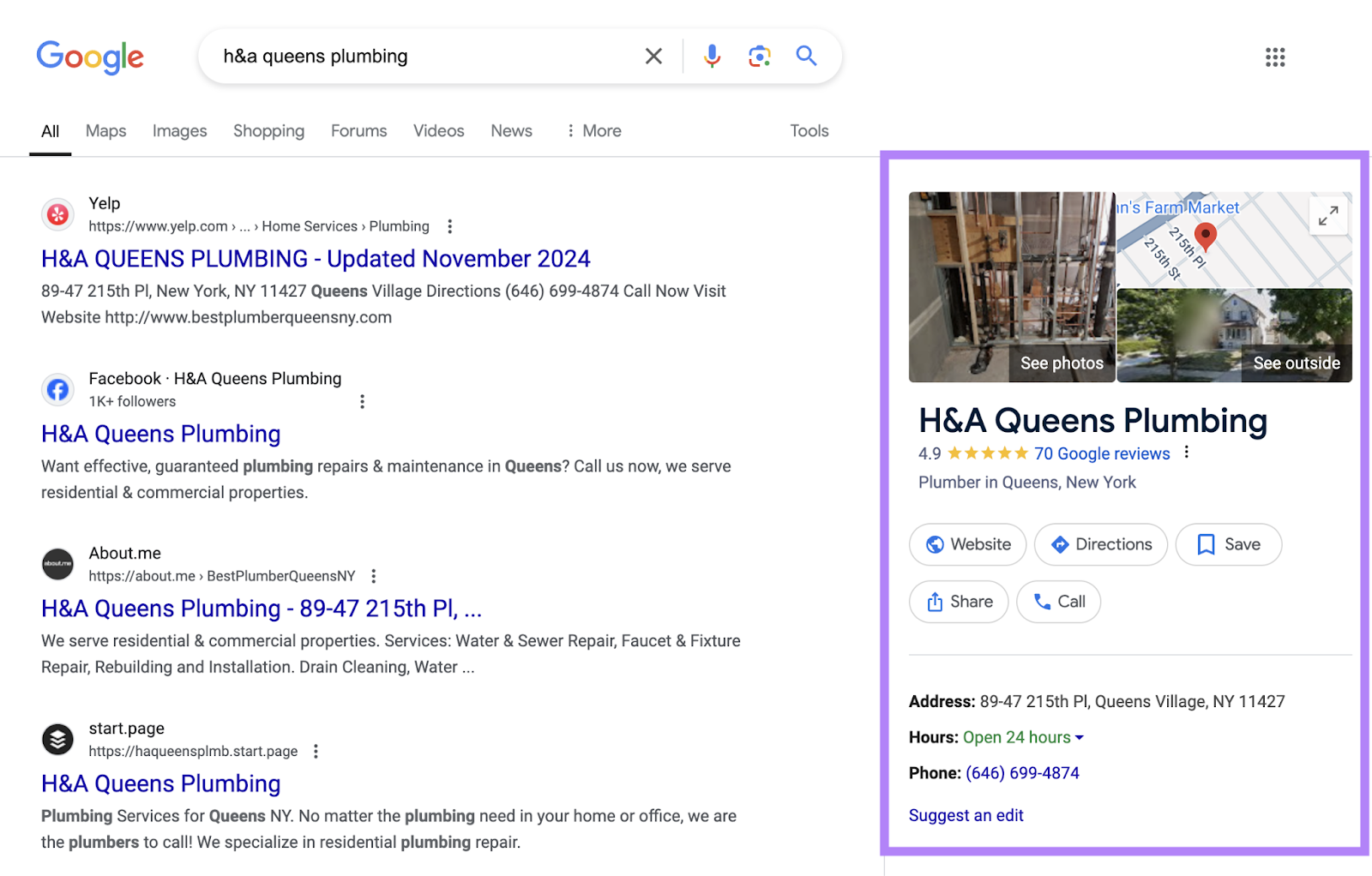 google business profile highlighted on the SERP when searching for that particular business