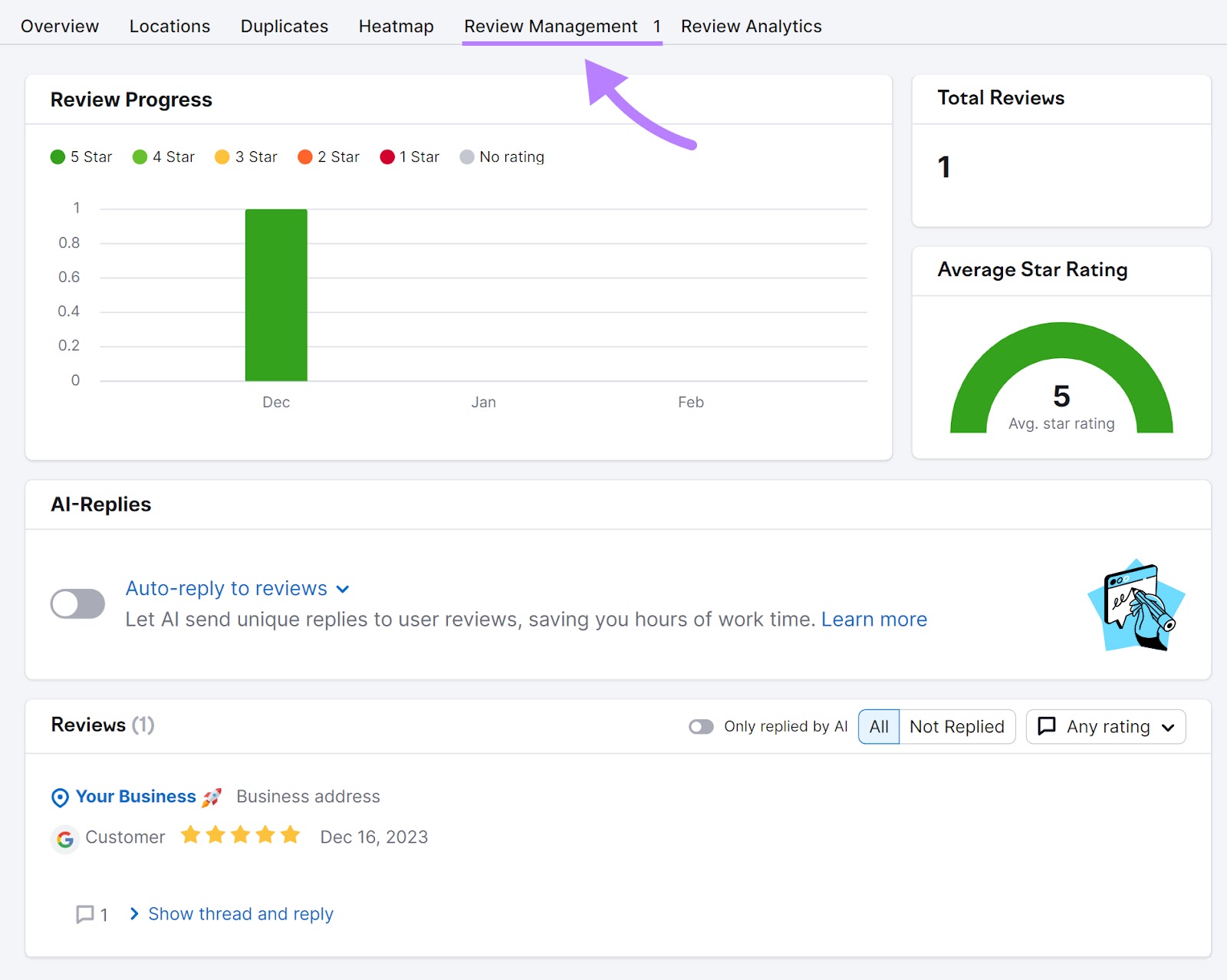 “Review Management” tab successful  Listing Management tool