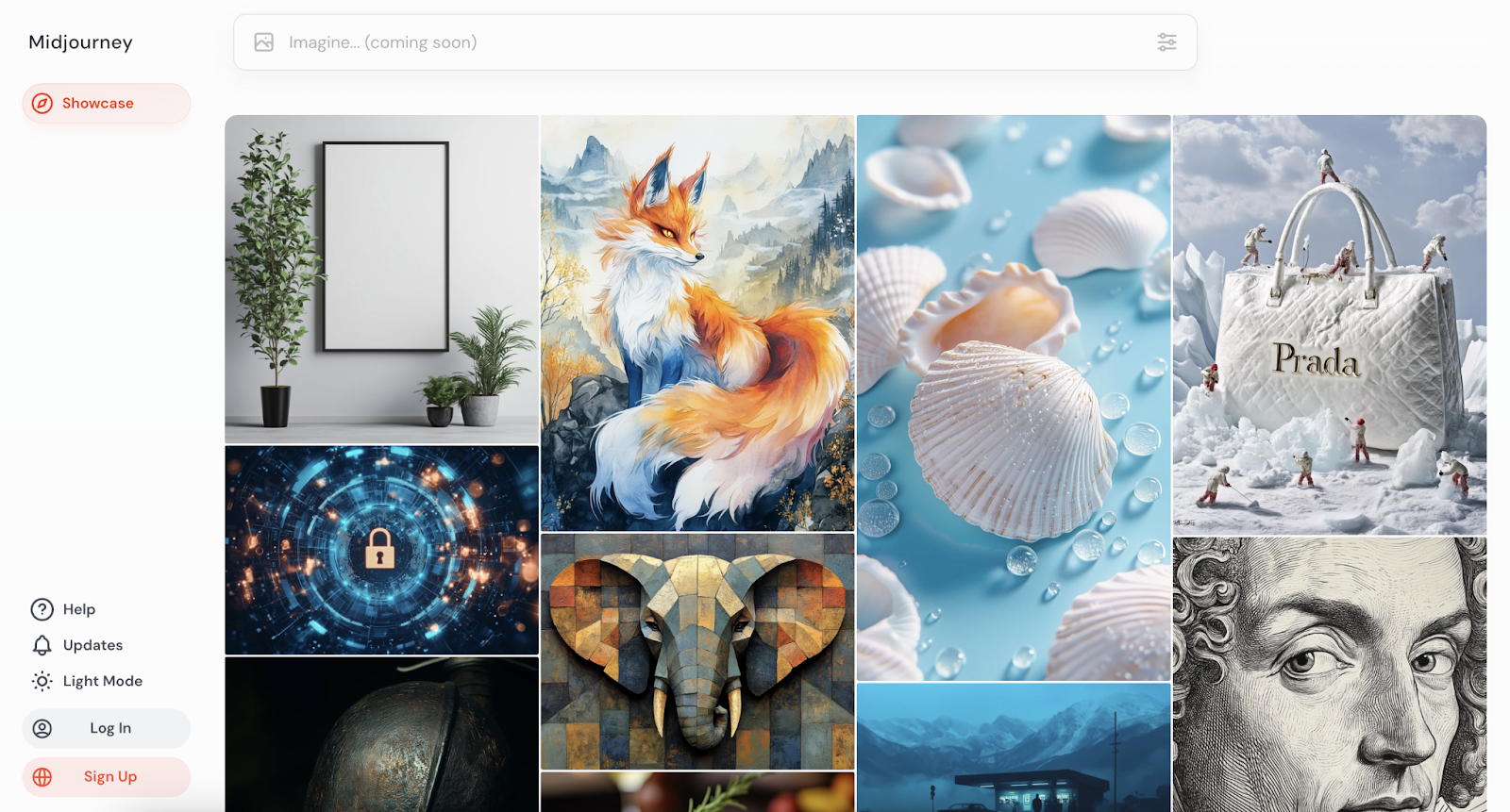 midjourney's showcase landing page has pictures with differing styles and subject matter. such as an illustrated fox, photorealistic seashells, and a creative photo for the brand Prada