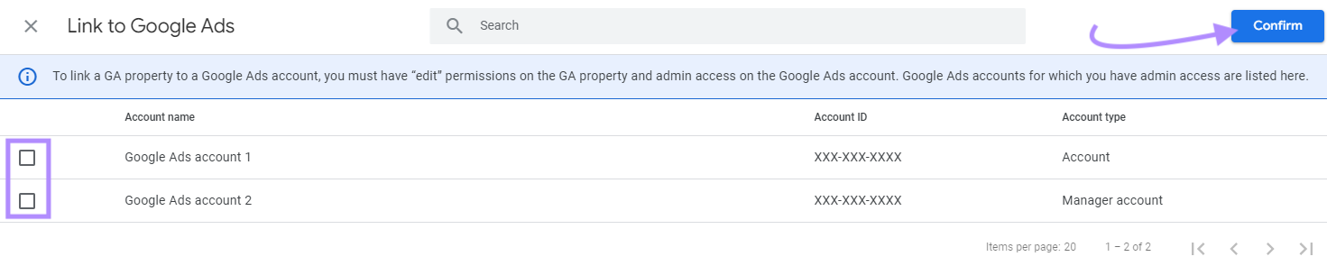 "Link to Google Ads" section with "Confirm" button highlighted