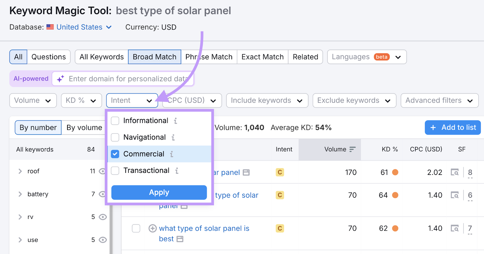 search intent filter highlighted