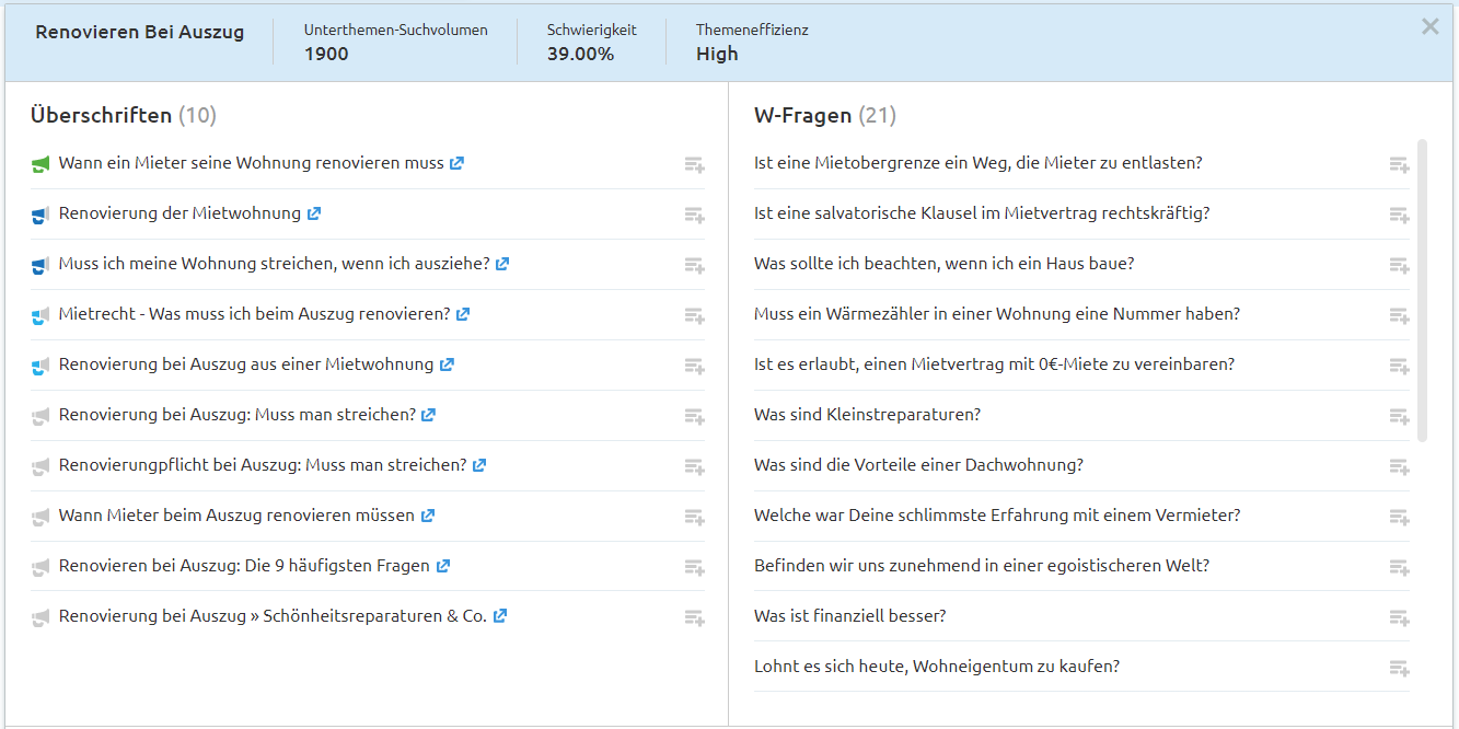 Überschriften und W-Fragen in Topic Research