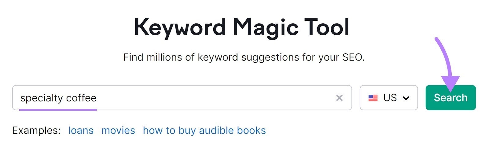 "café de spécialité" saisi dans la barre de recherche de Keyword Magic Tool