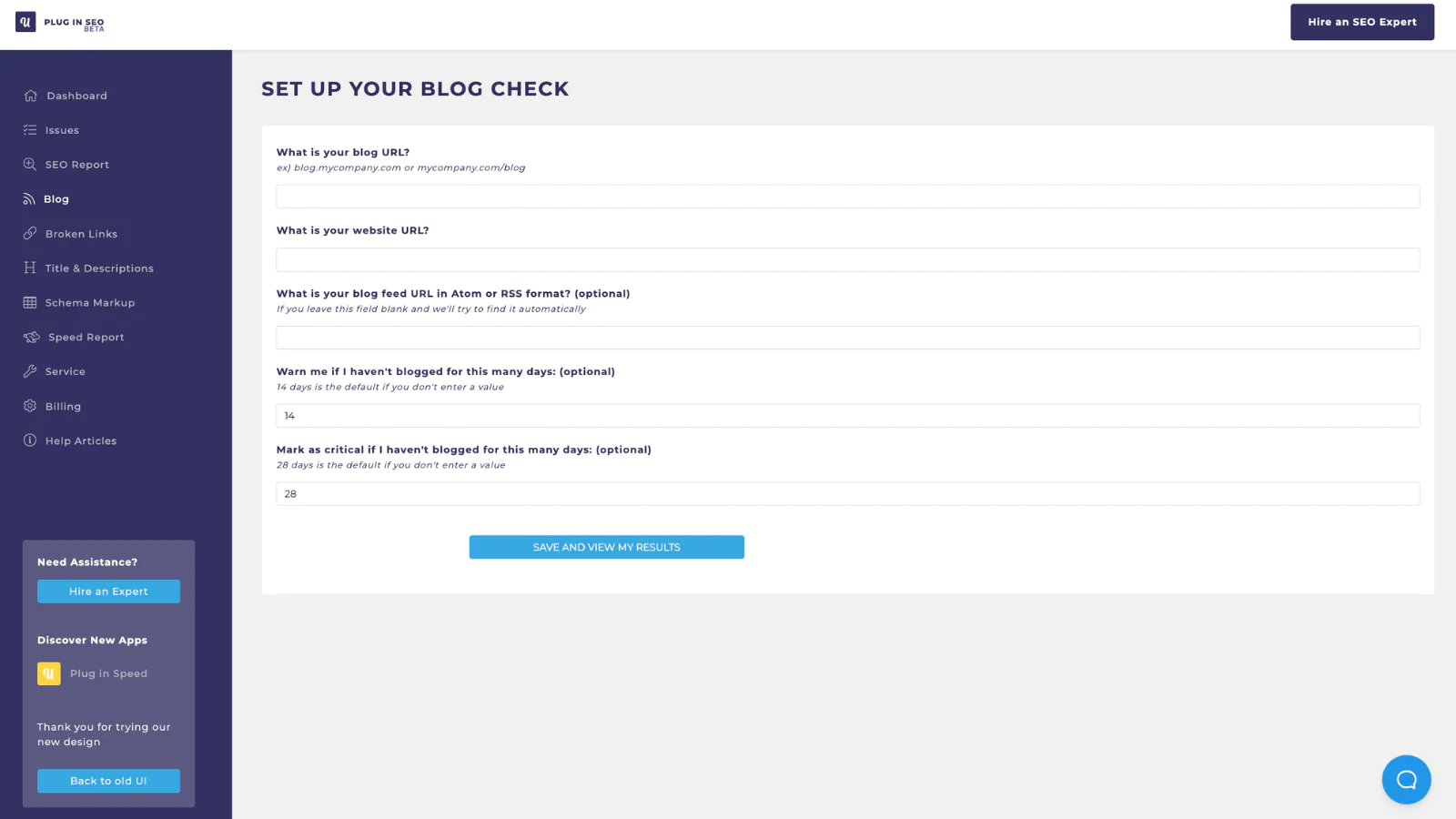 "Set up your blog check" settings window in Plug In SEO