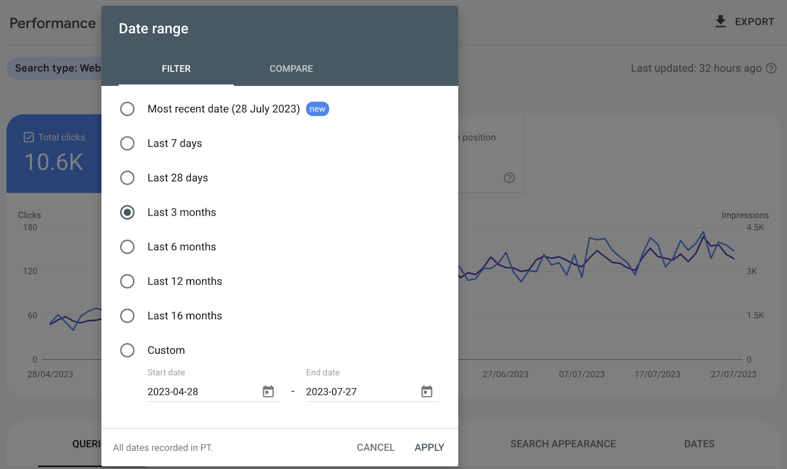 "**** range" window lets you select a time range