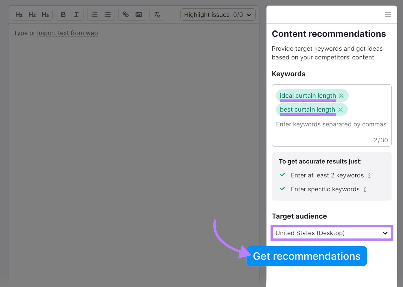 "Get recommendations" with SEO Writing Assistant