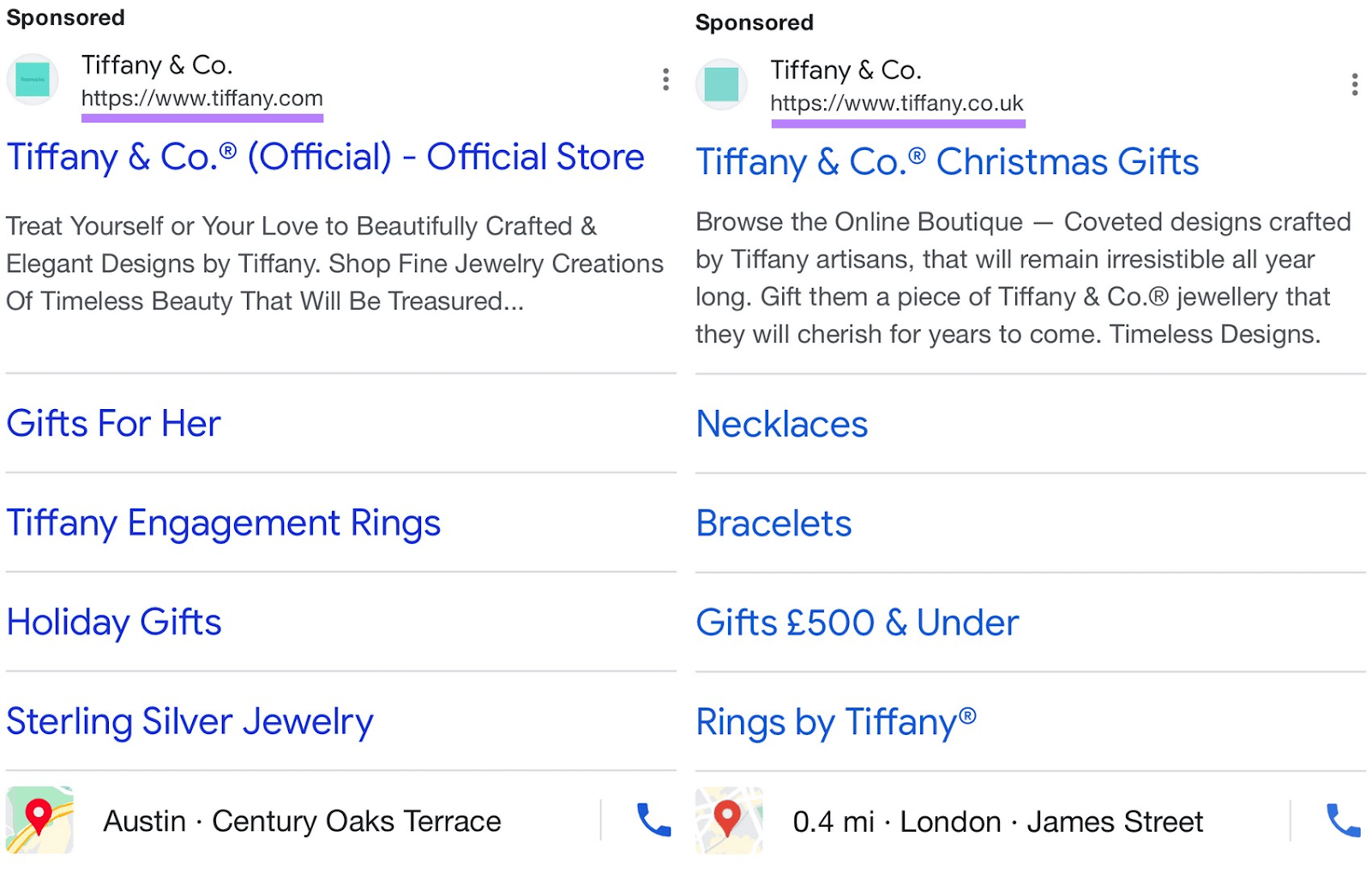 A side by side comparison of Tiffany & Co.'s mobile ad, with "tiffany.com" highlighted in the US ad, and "tiffany.co.uk" in the UK ad