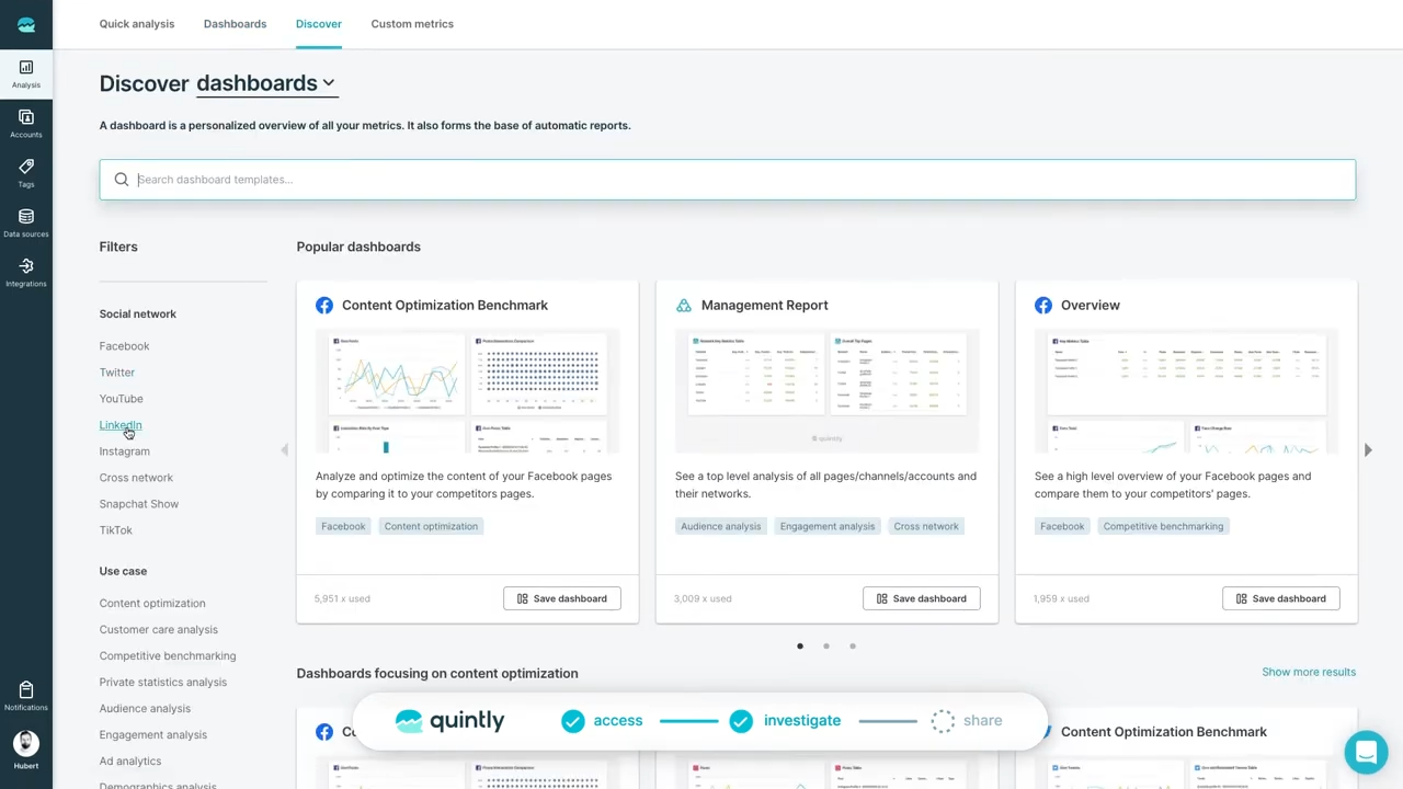 Facelift Data Studio interface with potential dashboards to select including content optimization benchmark and management report