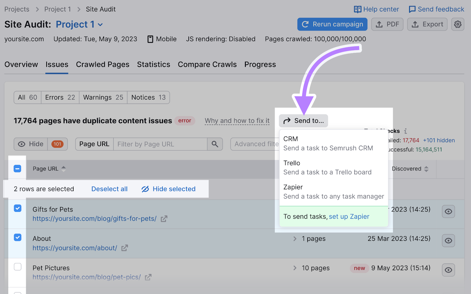“Send to…” button in Site Audit with drop-down menu options: "CRM", "Trello" and "Zapier"
