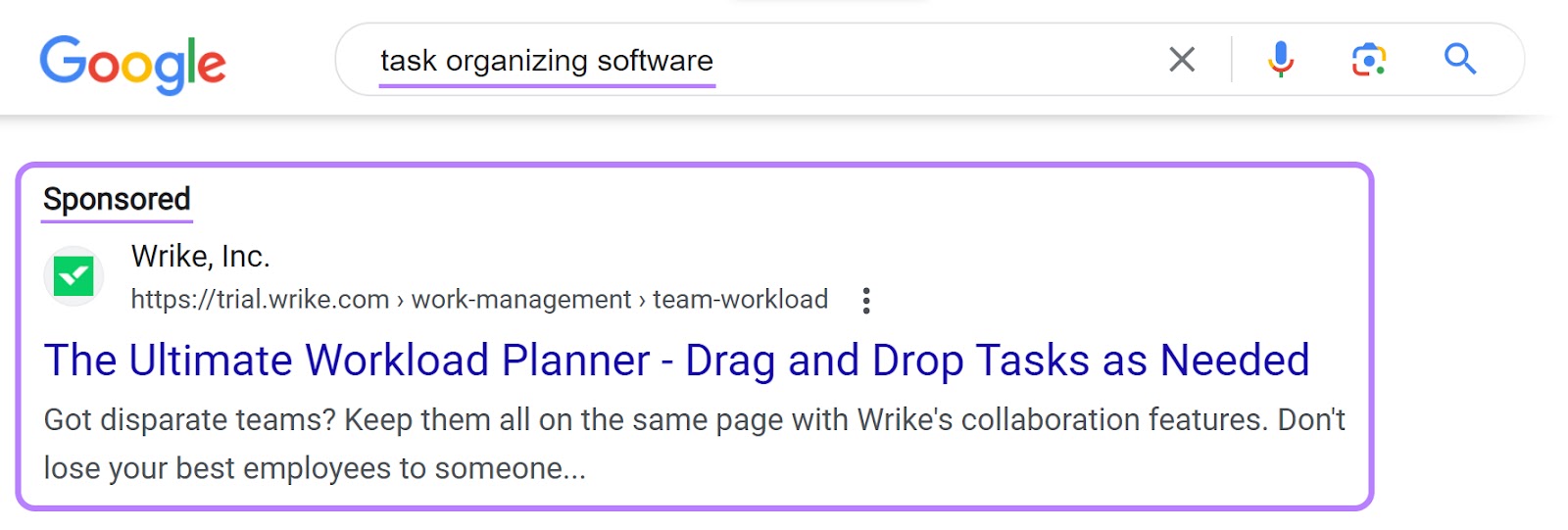 Wrike's search ad for “task organizing software” query