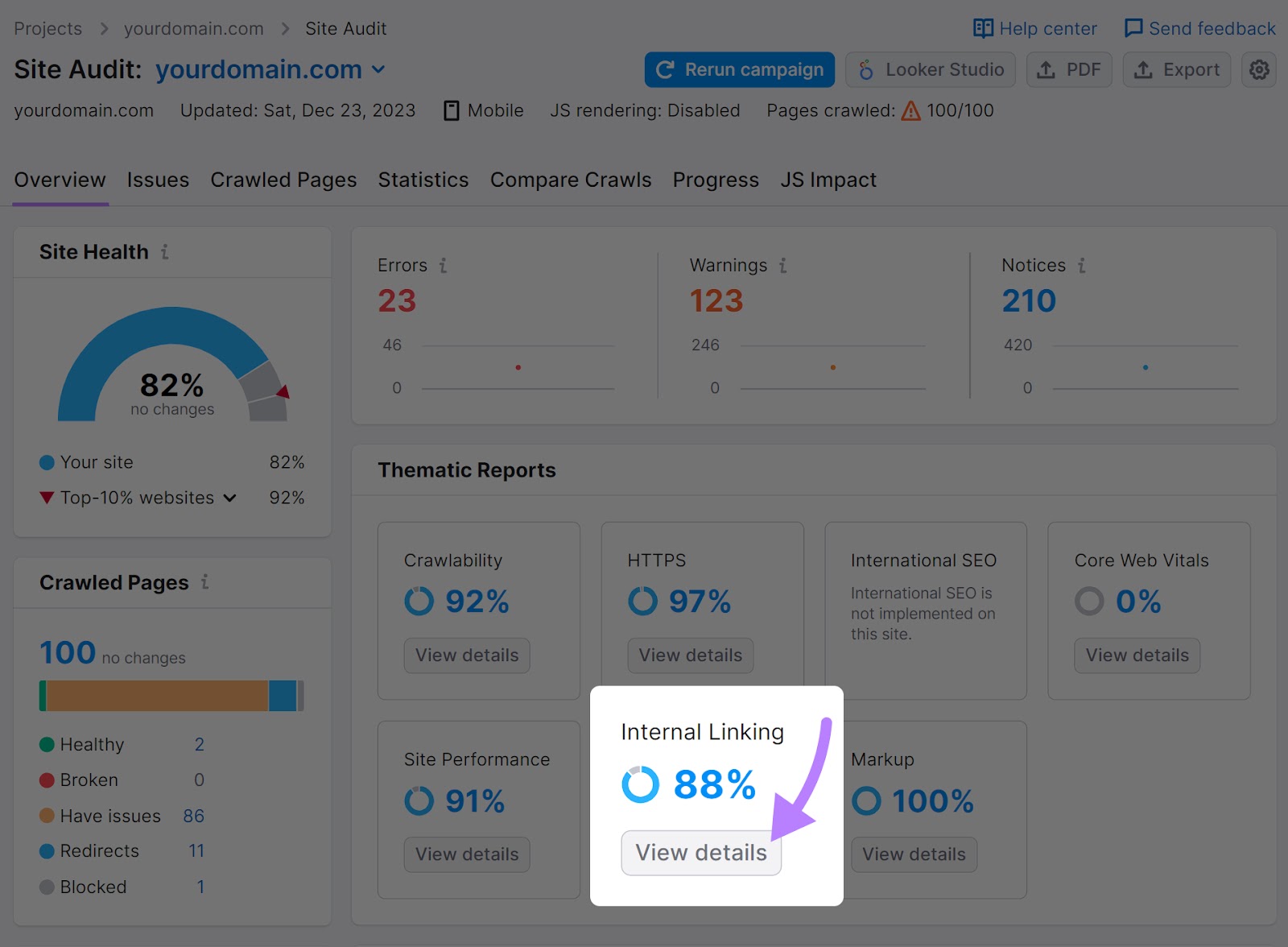 "Widget de links internos" destacado no painel Visão geral da Auditoria do site ""