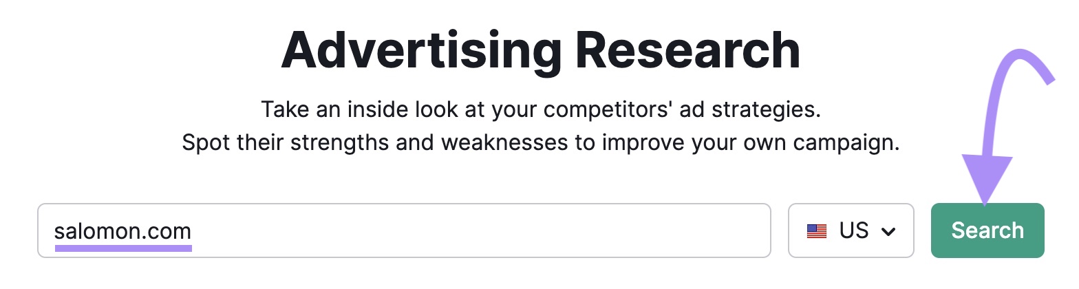 "salomon.com" entré dans la barre de recherche de l'outil de recherche publicitaire.