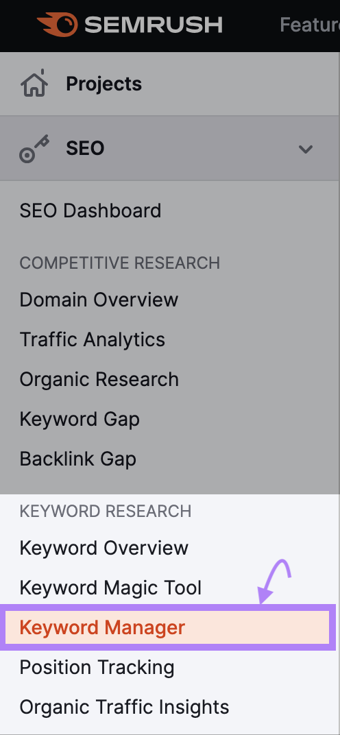 “Keyword Manager” widget highlighted