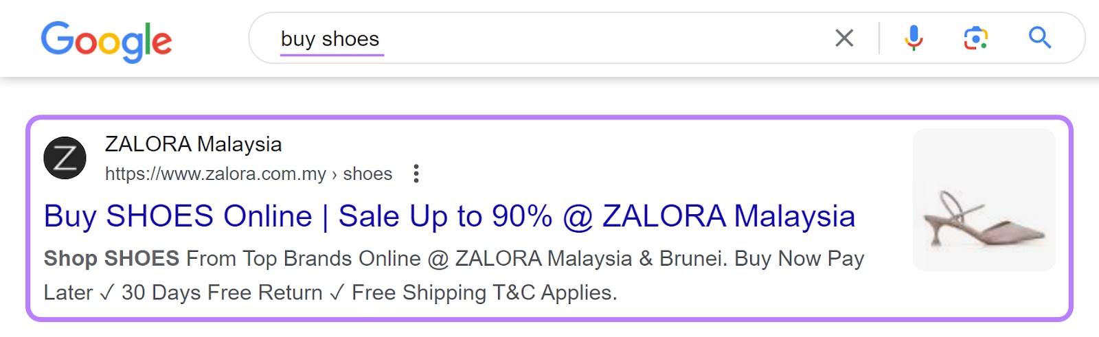 Zalora's PPC advertisement  for "buy shoes" keyword