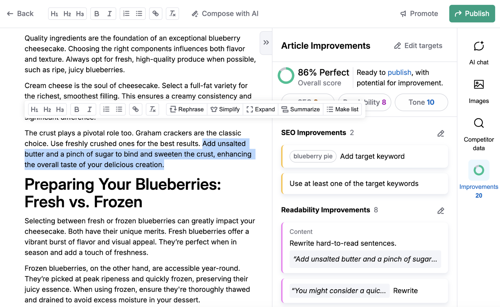Article improvements show ideas for SEO, readability, and tone.
