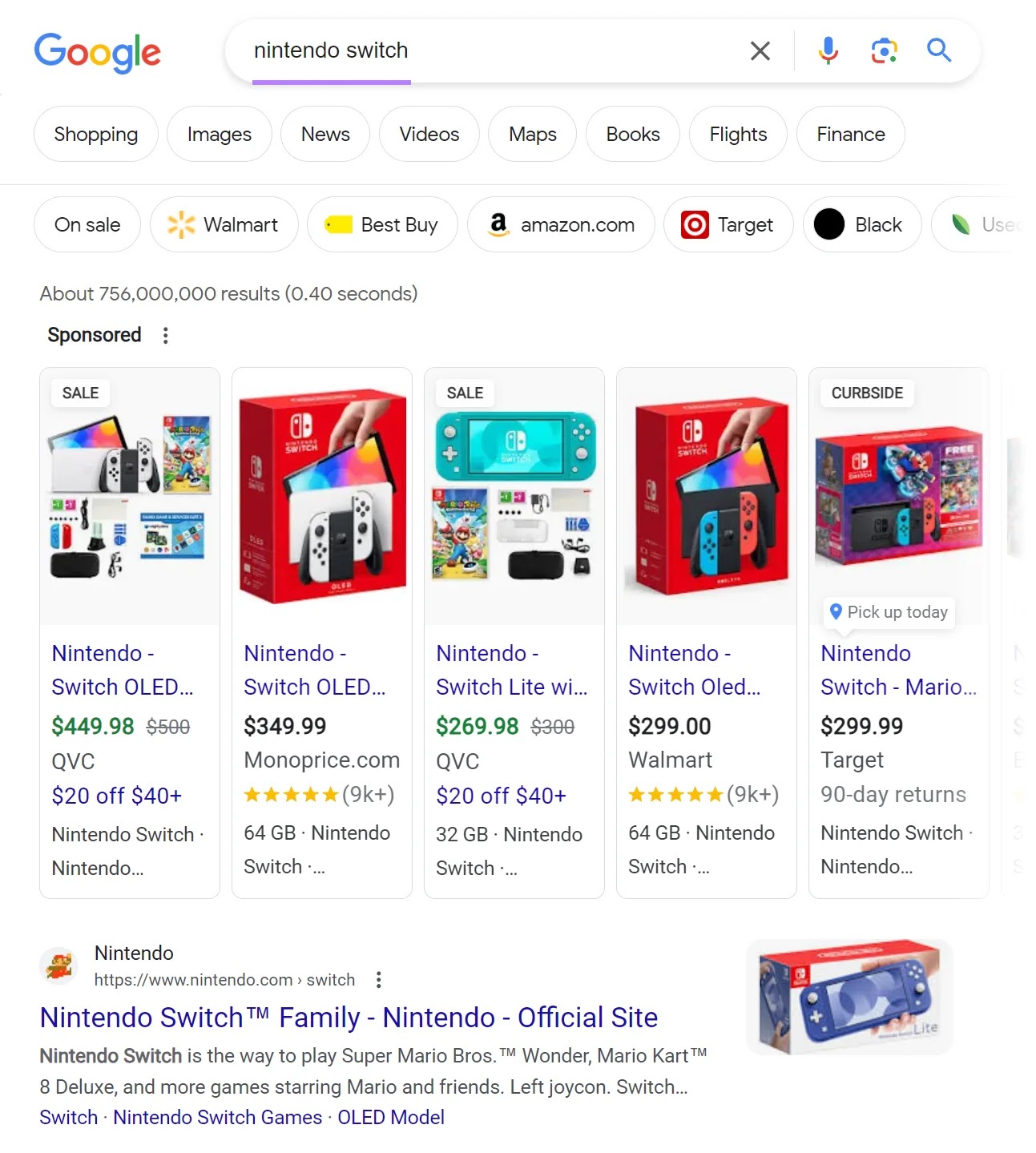 SERP for "nintendo switch" is dominated by product listing ads and product pages results
