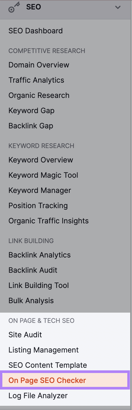 "On Page SEO Checker" widget highlighted