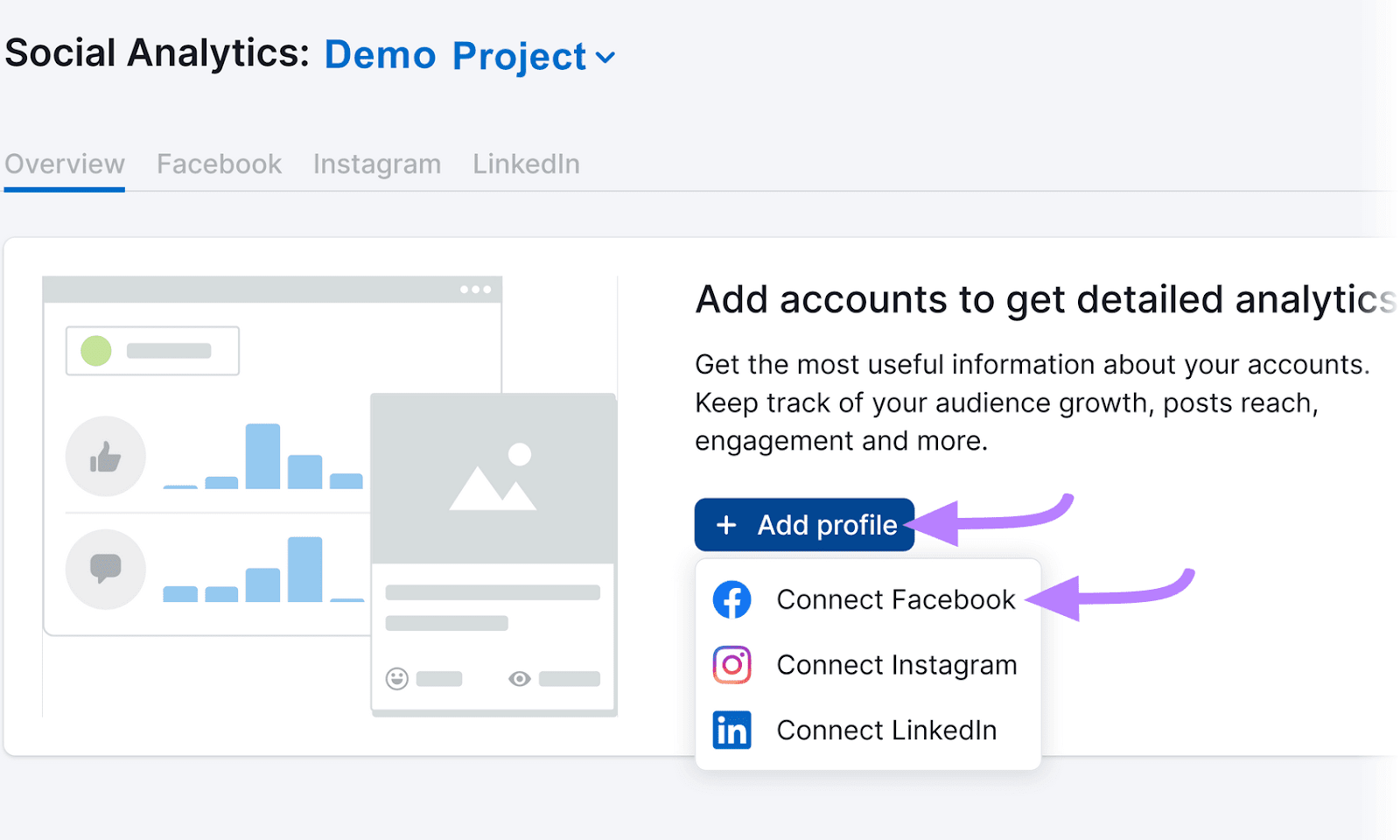 “Connect Facebook" button selected under "Add profile" drop-down in Social Analytics