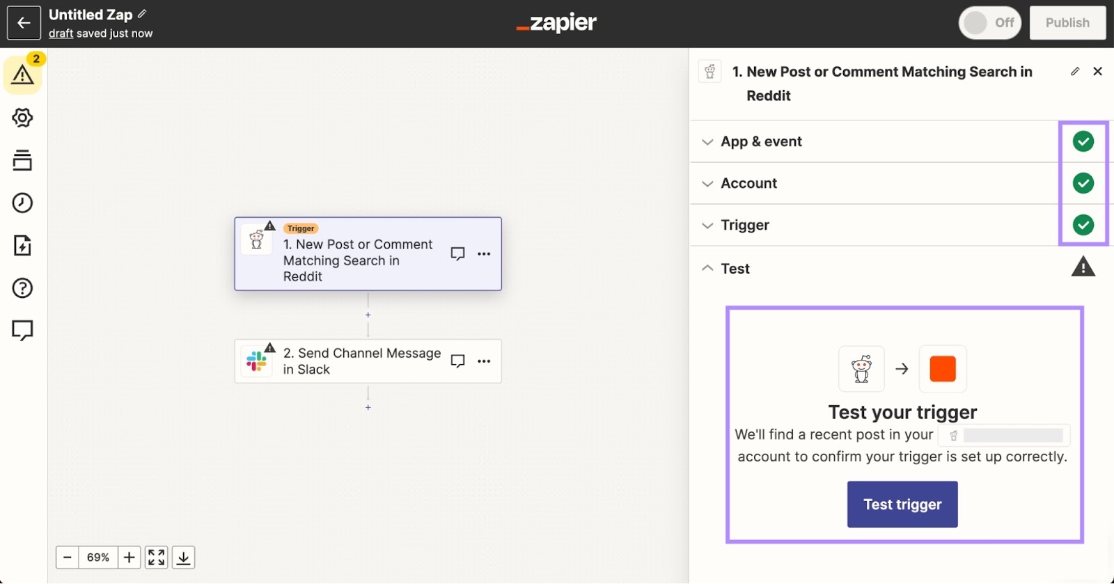Zapier comprueba cada paso de tu flujo de trabajo y te pide que pruebes el activador que has establecido