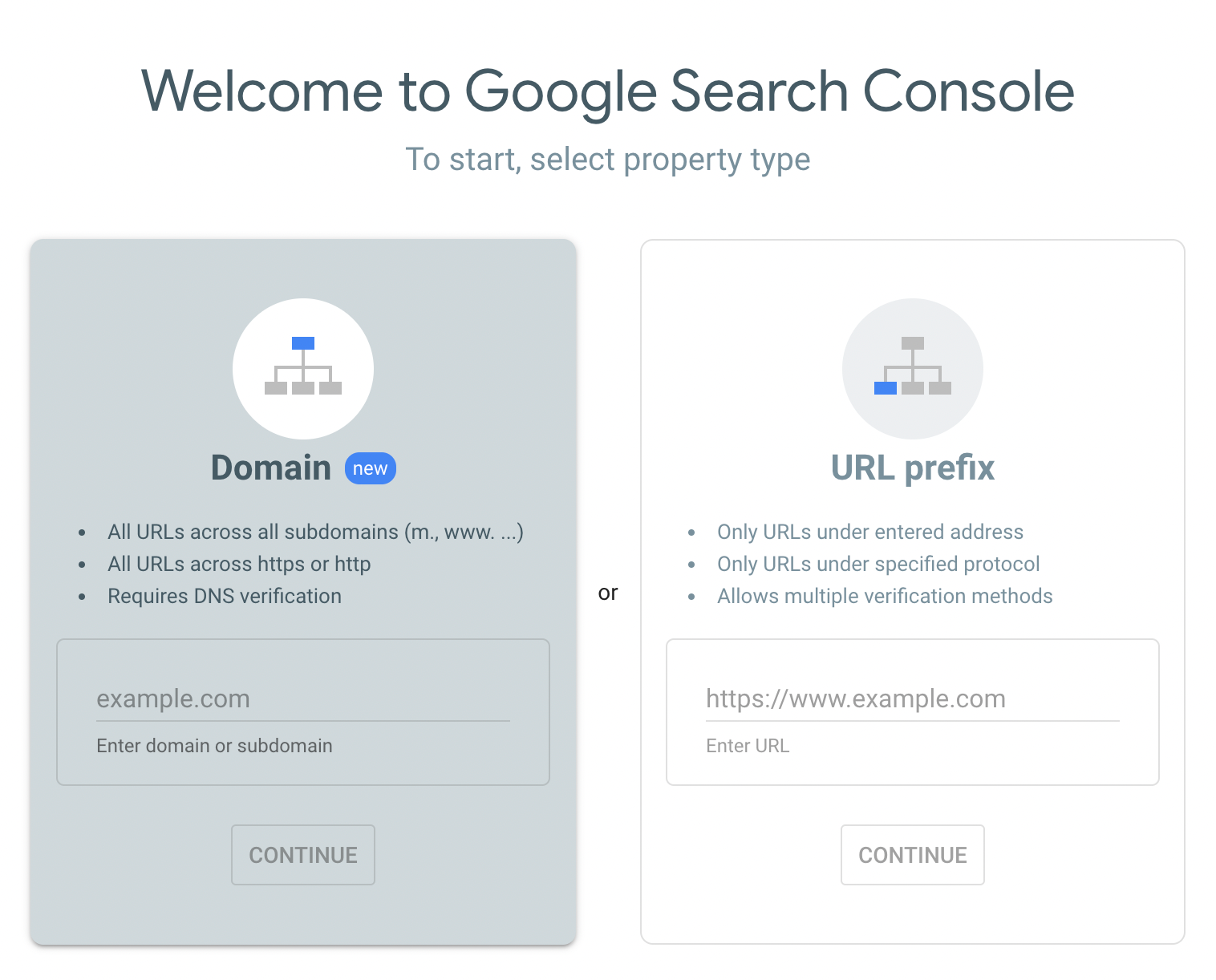 google search console setup page