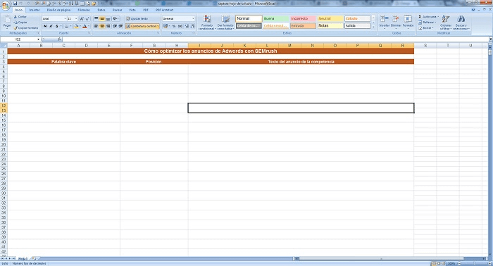 Plantilla de la hoja excel - Optimizar anuncios