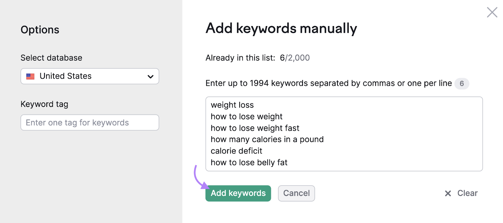 related keywords such as how to lose weight fast and calorie deficit added to keyword manager