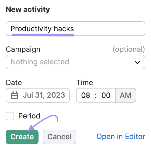 "New activity" form in Marketing Calendar