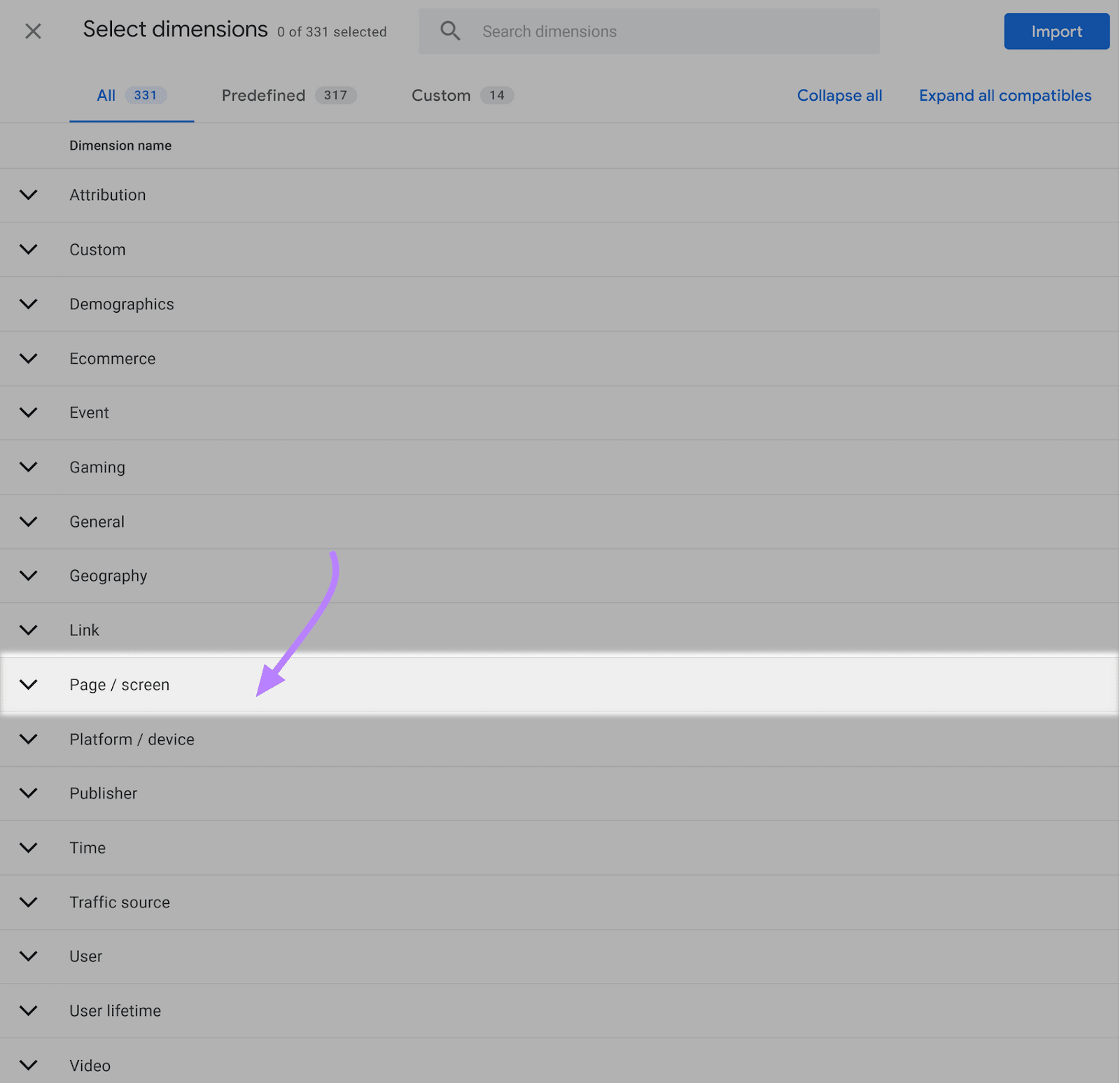 “Page / screen” option selected under "Select dimensions" drop-down menu