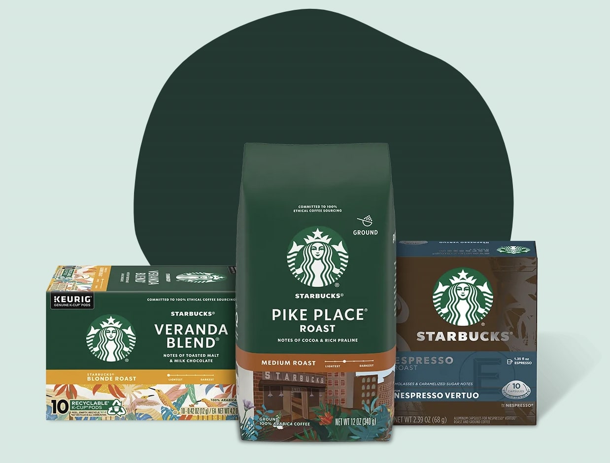An image of Starbucks's packaging for "Veranda Bland" "Pike Place" and "Espresso"