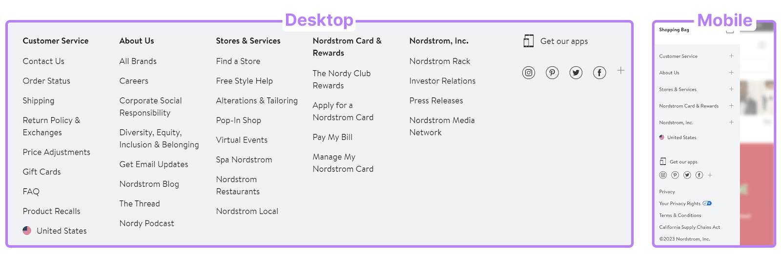 Nordstrom’s desktop menu (left) and mobile menu (right)