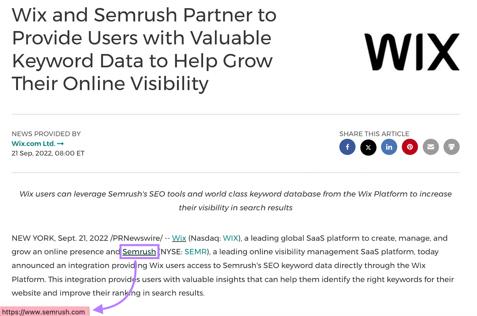 An example of a branded backlink to the Semrush website