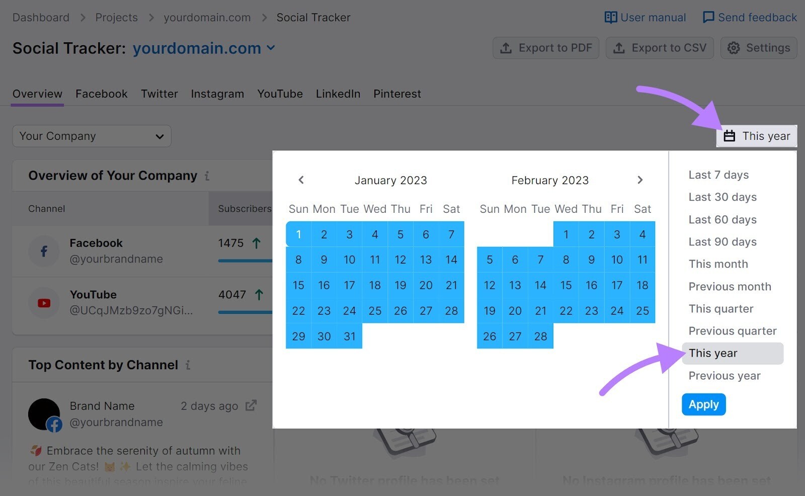 Selecting a date range in Social Tracker “Overview” section
